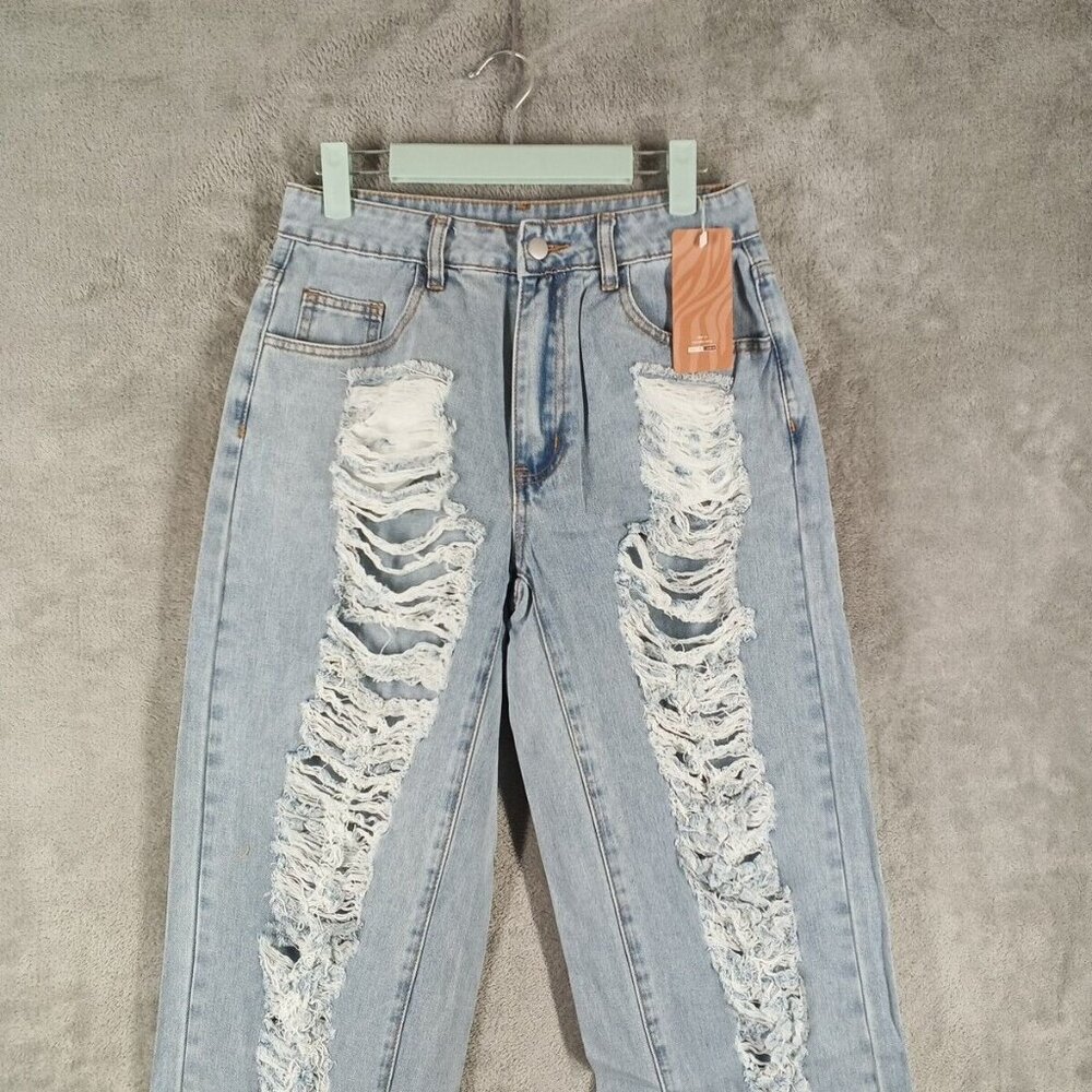 NWT SHEIN Wide Leg Hi-Rise Distressed Jeans Waist 26" Stone Wash Cotton Twill - Picture 2 of 12